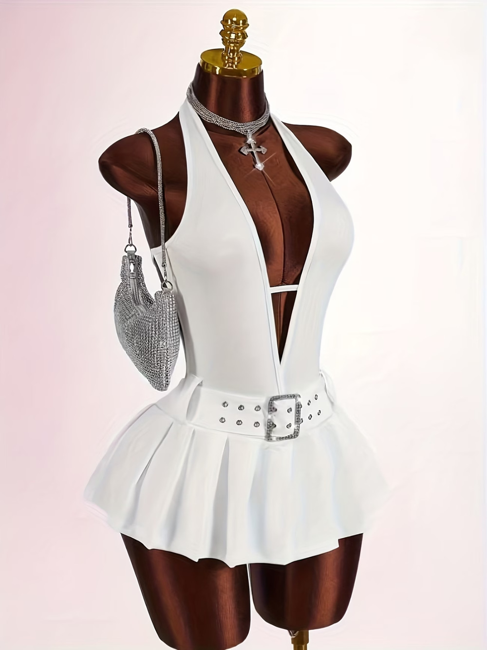 Deep V-Neck Backless Metal Buckle Decor High-Stitched Pleated Fitted Mini Dress